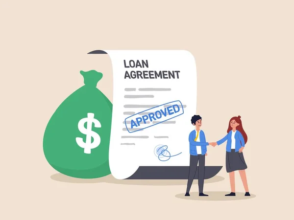 stock vector Loan agreement concept, mortgage, debt or obligation to pay back interest rate, borrow money from bank, personal loan or financial support, businessman shaking hand with loan agreement and money bag