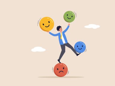 Duygusal denge kavramı. Potansiyel, motivasyon ve arzu, akıl sağlığı. Duygusal ikon illüstrasyonunda dengede duran erkek çizgi film karakteri. Çizgi film düz vektör çizimi