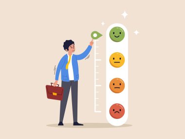 Müşteri geri bildirimi, ürün ve hizmet kalitesine göre değerlendirme yapıyor. Kullanıcı geribildirimi ve derecelendirme, müşteri geri besleme çubuğunu mükemmel bir gülümseme olması için zorlamaya çalışan adam.