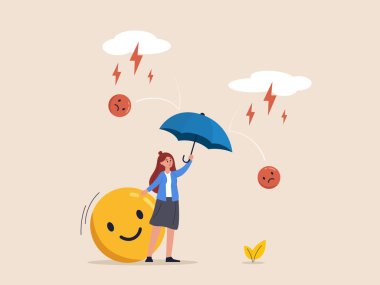 İş kadını şemsiye tutuyor ve olumlu duyguları koruyor. Motivasyon konsepti. İyi ruh hali, akıl sağlığı, iyimserlik, pozitif düşünce psikolojisi. Modern düz vektör illüstrasyonu