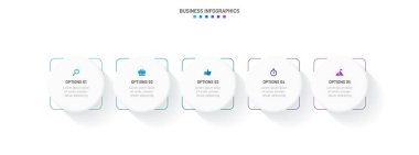 Timeline infographic with infochart. Modern presentation template with 5 spets for business process. Website template on white background for concept modern design. Horizontal layout