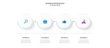 Timeline infographic with infochart. Modern presentation template with 4 spets for business process. Website template on white background for concept modern design. Horizontal layout