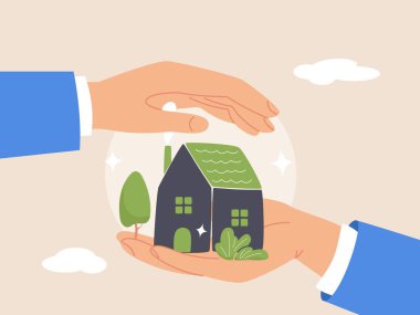Ev güvenliği kavramı. Gayrimenkul ya da mülk koruması. Ev sigortası, iş adamı avucunun içinde bir ev sigorta olarak korumak için diğer el kapağı. Modern düz vektör illüstrasyonu