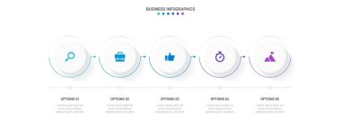 Timeline infographic with infochart. Modern presentation template with 5 spets for business process. Website template on white background for concept modern design. Horizontal layout