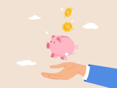 Refah veya finansal başarı için biriktirilen paralar. Tutumluluk, zenginlik ya da tutumluluk, gelecek konsept için para biriktirme ya da kısma, para dolar paralar el ele tutuşur domuz kumbarası