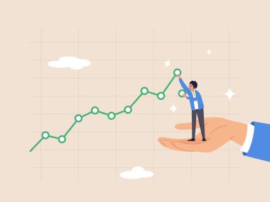 İş büyüme planlama konsepti. Sürücü satışı artan kar, destek veya gelir, kâr, refah yönetimi veya yatırım artışı için yardım, yükselen grafiği kaldırmaya yardım eden iş adamı