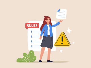Kurallar ve yönetmelikler konsepti. Şirket politikası, şirket hukuku ve iş ahlakı. İş kadını, kurallar ve yönetmelik standartlarının kontrol listesini gösteriyor. Düz tasarımda vektör illüstrasyonu.