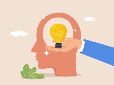 Yaratıcı fikir konsepti. Yaratıcı akıl ya da beyin fırtınası. Soyut insan kafası silueti ve el ele tutuşan ampul lambası. Modern düz vektör illüstrasyonu