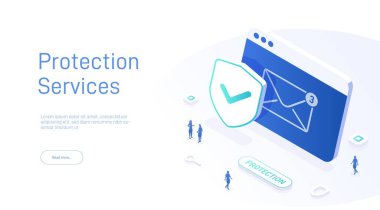 E- posta servisi güvenlik konsepti. Yaratıcı vektör izometrik çizim. Ticari pazarlamanın bir parçası olarak elektronik posta mesajı. Web sitesi iniş sayfası için web posta ya da mobil servis düzeniName