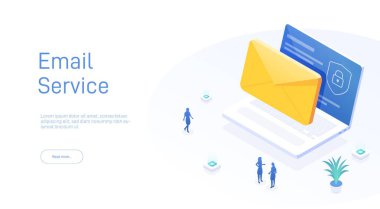 E- posta servisi konsepti. Ticari pazarlamanın bir parçası olarak elektronik posta mesajı. Web sitesi indirme başlığı için web posta ya da mobil servis düzeni. Haber gönderme arkaplanı. İzometrik vektör