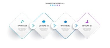 Timeline infographic with infochart. Modern presentation template with 4 spets for business process. Website template on white background for concept modern design. Horizontal layout