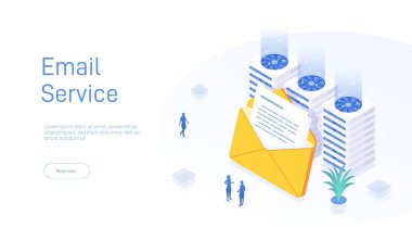 E- posta servisi konsepti. İş pazarlaması olarak elektronik posta mesajı. Bülten, mobil servis düzeni ya da web postası gönderiyor. Web pankartı şablonu. E- posta izometrik vektör çizimi