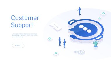 İzometrik vektör illüstrasyonunda servis konseptini veya çağrı merkezini destekleyin. 7 gün 24 saat ya da durmadan müşteri desteği. Web paneli için mobil self-servis şablonu