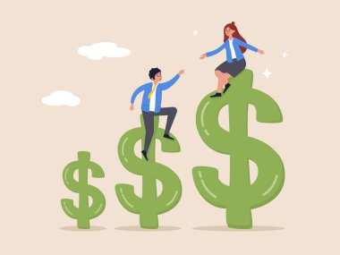 Kâr artışı veya finansman desteği kavramı. Kârın artması, mali danışman gelir, gelir veya gelir artışı, büyüyen zenginlik, iyileşme veya meydan okuma, işadamlarının dolar işaretine tırmanmaya yardım etmesi