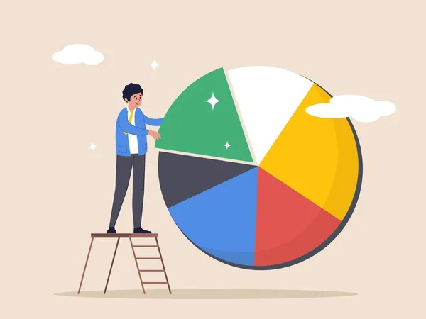 stock vector Investment asset concept. Allocation and rebalance, businessman investor or financial planner standing on ladder to arrange pie chart as rebalancing investment portfolio, suitable for risk and return