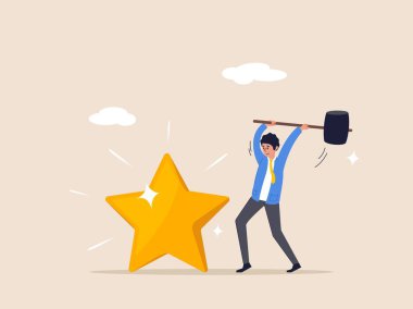 İtibar kavramını azalt. Düşük kredi notu, güven veya puan düşüşü, olumsuz geri bildirim, kayıp kredi notu veya düşüş, işadamı büyük çekiçle yıldız kredi notu vurdu