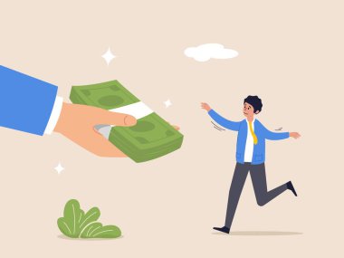 Yatırım kar konsepti. Maaş, maaş, maaş, ödeme veya ikramiye, ödül veya çalışan yardımları, vergi iadesi, kazanç, kredi veya ipotek, işadamı eli mutlu çalışana para banknotu veriyor