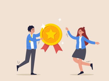 Success achievement reward concept. Employee award recognition, top star performer of the month, best sales champion or certificate, businessman boss giving golden star badge to winning employee clipart