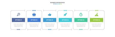 Bilgi tablosu olan zaman çizelgesi. Modern sunum şablonu iş süreci için 6 spet içeriyor. Modern tasarım kavramı için beyaz arkaplan şablonu. Yatay yerleşim