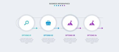 Timeline infographic with infochart. Modern presentation template with 4 spets for business process. Website template on white background for concept modern design. Horizontal layout