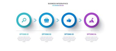 Timeline infographic with infochart. Modern presentation template with 4 spets for business process. Website template on white background for concept modern design. Horizontal layout