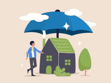 Ev sigortası konsepti, ev felaketi sigorta sigortası ya da konut binasının güvenliği ya da kalkanı, güçlü bir örtülü şemsiyeyle evi olan genç bir adam.