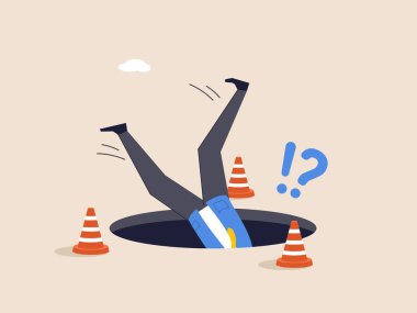 Bela, kayıp ya da tuzak konsepti. Başarısızlık ya da hata felakete yol açar. Umutsuzluk, sorun, kriz, durgunluk, tehlike ya da iş kazası. Deliğe düşen korkmuş iş adamı.