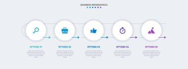 Timeline infographic with infochart. Modern presentation template with 5 spets for business process. Website template on white background for concept modern design. Horizontal layout
