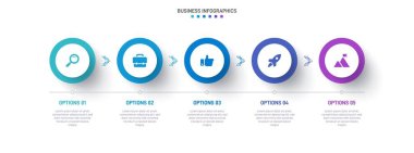 Timeline infographic with infochart. Modern presentation template with 5 spets for business process. Website template on white background for concept modern design. Horizontal layout