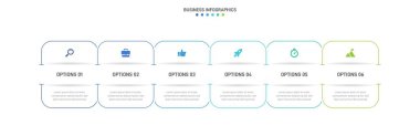 Timeline infographic with infochart. Modern presentation template with 6 spets for business process. Website template on white background for concept modern design. Horizontal layout