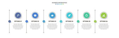 Timeline infographic with infochart. Modern presentation template with 6 spets for business process. Website template on white background for concept modern design. Horizontal layout