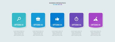 Timeline infographic with infochart. Modern presentation template with 5 spets for business process. Website template on white background for concept modern design. Horizontal layout