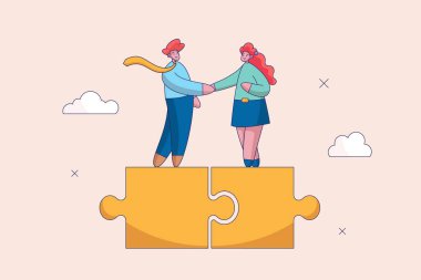 İşbirliği konsepti. Birlikte ya da takım çalışması olarak birbirimize destek olmalıyız. Başarılı iş adamları yapbozun anlaşmasını bitirir ve el sıkışırlar. İş ortaklığı ya da iş birliği ve anlaşmanın başarıya ulaşması