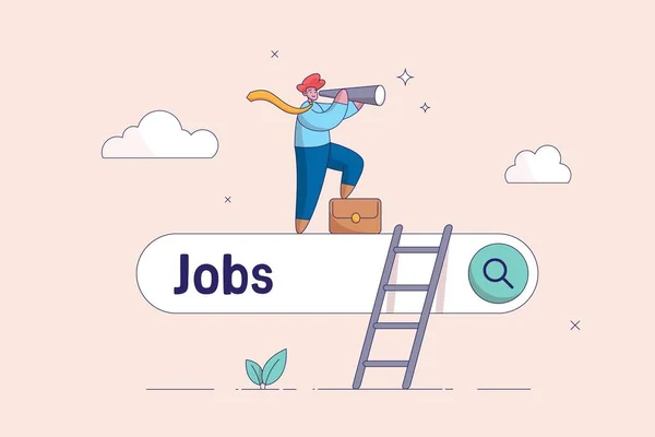 キャリアや仕事の検索コンセプト 新しい仕事 優しい機会を探して 欠員や仕事の位置を探します ビジネスマンは双眼鏡で求人検索バーのはしごを登り ロイヤリティフリーのストックイラスト