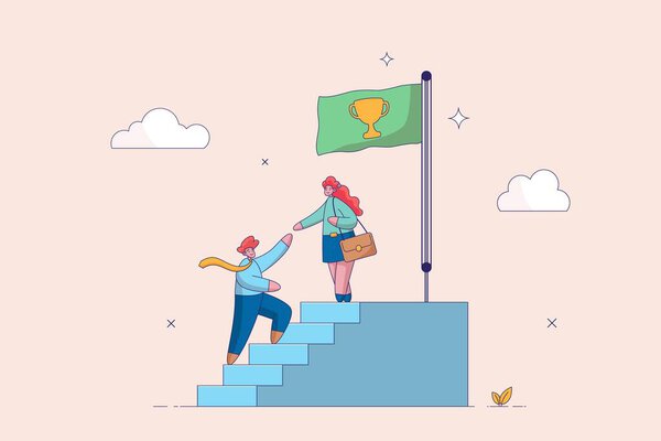 Support or help career success, mentorship. Business mentor or leadership help colleague to succeed and reach goal achieve target. Businesswoman leader help employee climb to target at top of stair
