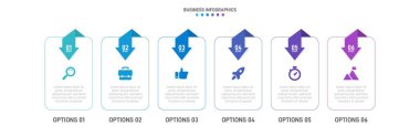 Timeline infographic with infochart. Modern presentation template with 6 spets for business process. Website template on white background for concept modern design. Horizontal layout