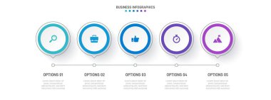 Timeline infographic with infochart. Modern presentation template with 5 spets for business process. Website template on white background for concept modern design. Horizontal layout