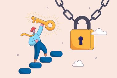 Başarı konsepti. Kilidi açmak için altın anahtar, iş problemini çözmek, çözümler vermek için profesyonel, iş erişilebilirliği için anahtar ya da kilidi açmak, akıllı iş adamı bloknotun kilidini açmak için altın anahtarı tutuyor