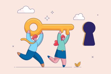 Takım çalışması konsepti. Başarının anahtarı, sorunun çözülmesine yardım edecek insanlar, kariyer fırsatı, gizli ya da keşfin kilidini açacak insanlar, motivasyon, iş adamları ekip üyesi altın başarının anahtarlarını anahtar deliğine taşımaya yardım edecek