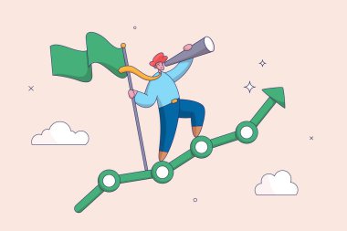 Kâr büyüme konsepti. Ekonomik yükselme veya büyüyen yatırım, iyileştirme veya büyüme grafiği, mali tahmin veya öngörü, yükselen mali tablo ve grafikle işaret eden güven işadamı