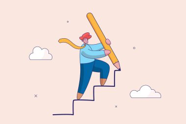 Kariyer yolu başarı konsepti. İş geliştirme başarılı, iş hedefine ulaşma stratejisi, zeki iş adamı merdivenleri tırmanmak ve merdivenleri tırmanmak için kocaman bir kalem kullanıyor.
