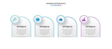 Timeline infographic with infochart. Modern presentation template with 4 spets for business process. Website template on white background for concept modern design. Horizontal layout