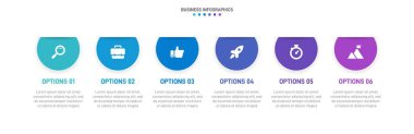 Timeline infographic with infochart. Modern presentation template with 6 spets for business process. Website template on white background for concept modern design. Horizontal layout