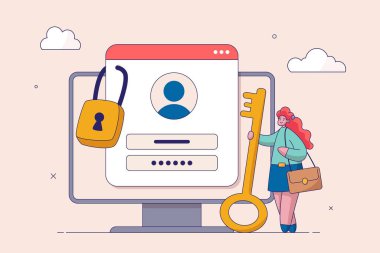 Çevrimiçi doğrulama konsepti. Siber güvenlik için güçlü parola, yüksek koruma, giriş hesabı için güvenlik, güvenli veri gizliliği, iş kadını güçlü kilit pedi ile kullanıcı hesabı kilidi olan anahtarı elinde tutuyor