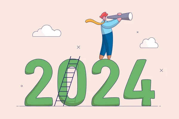 2024年の展望 年のレビューや分析の概念 経済予測や将来のビジョン ビジネスチャンスや挑戦先 双眼鏡を持つ信頼ビジネスマンは2024年にはしごを登る ロイヤリティフリーのストックイラスト