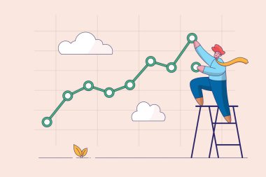 Hisse senedi fiyat artışı. Sermaye fiyatlarının yükselmesi veya yükselmesi, borsa veya ekonomik düzelmeyi zorlamak, kendine güvenen işadamı yükselen yeşil yatırım çizgisi çizmek için merdiveni tırmanıyor