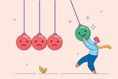 Duygusal zeka ya da mutluluk ve üzüntü arasındaki denge. İyimser, mutluluk ya da pozitif düşünce diğer insanları mutlu eder, elinde gülümseme sarkaç topu tutan adam diğer üzgün yüzlere vurur.