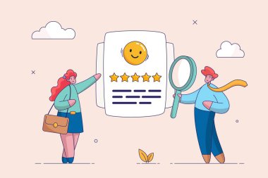 Müşteri güveni kavramı. İtibar yönetimi, marka pozitif rütbe ve kazancı artırmak için çevrimiçi geri bildirim derecesini izliyor, pazarlama ekibi yıldızları izliyor ve memnuniyeti artırmak için analiz ediyor.