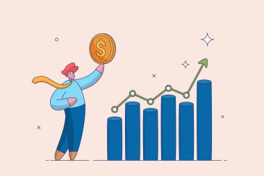 Satış elemanı konsepti. Büyüme planı ya da başarı finans danışmanı. Pazarlama ya da yatırım profesyoneli, kâr veya satış komisyonu parası, kendine güvenen işadamı büyüyen grafiği ile dolar tutuyor