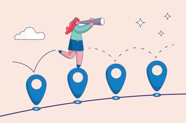 İlerleme konsepti. Yol haritası, proje kilometre taşı veya iş seyahati başarısı, iş akışı veya başarı için süreç çizelgesi, adım planlaması, iş yeri konumu üzerinde koşan iş kadını iş yolu haritasında broş